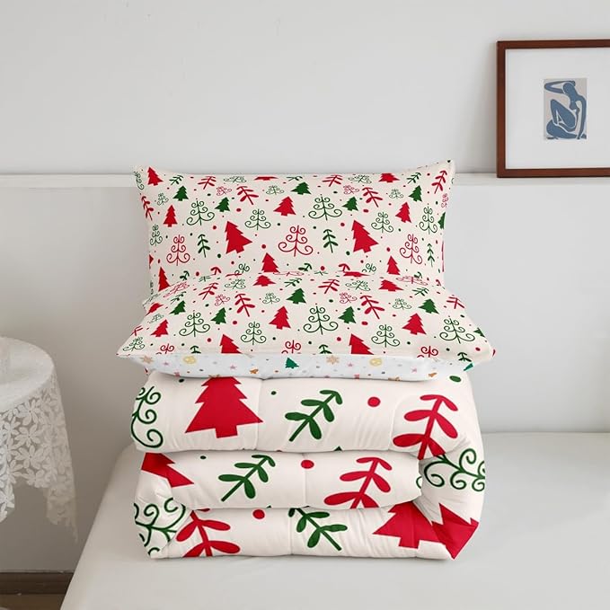 Castle Fairy Christmas Trees Comforter Set Queen Size,Red Green Pine Plant Hand Sketch Bedding Set for Women Adult,Winter Xmas Natural Botanical Luxury Bed Duvet Insert, 2 Pillowcases