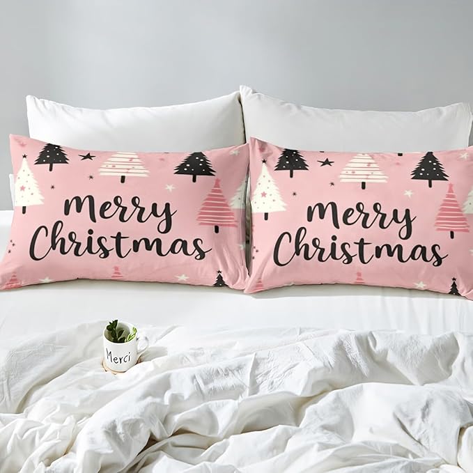 Feelyou Merry Christmas Bedding Set Christmas Tree Duvet Cover for Kids Boys Girls Stars Print Comforter Cover Pink Christmas Bedspread Cover with 2 Pillowcases 3Pcs Bedding King,No Comforter