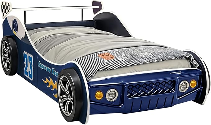 Race Car Twin Bed Frames for Kids, Wood Car-Shaped Bed Frame with Wheels LED Lights & Slat Support for Toddler, Teens, Boys or Girls (Race Car-Blue)
