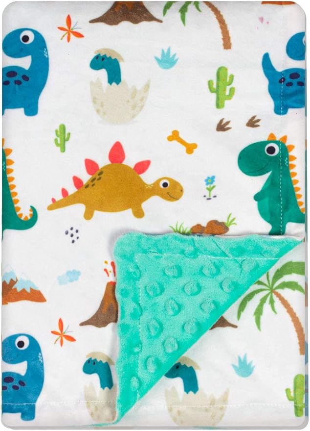 Soft Plush Minky Blanket for Boys & Girls - Double Layer with Dotted Backing, Toddler to Newborn - Shower Gifts (Green Dinosaur, 30 X 40 inches)