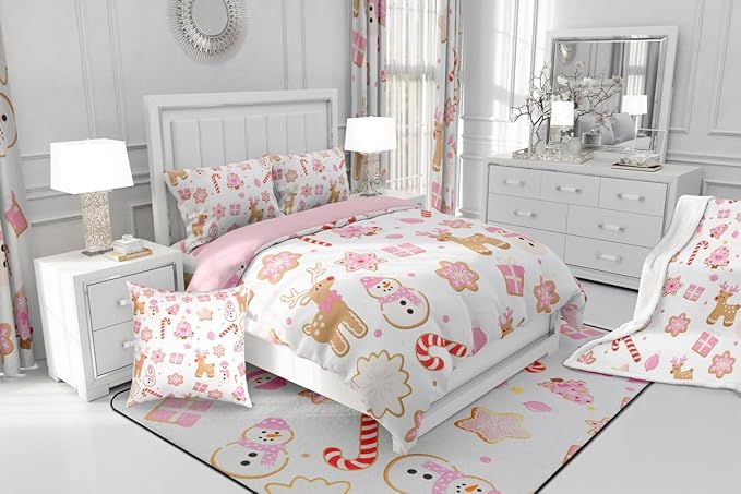 Feelyou Pink Christmas Comforter Set Toddler Size Snowman Deer Bedding Set for Kids Boys Girls Snowflake Duvet Quilt Bedroom Decor Microfiber 2 Pcs with 1 Pillow Cases