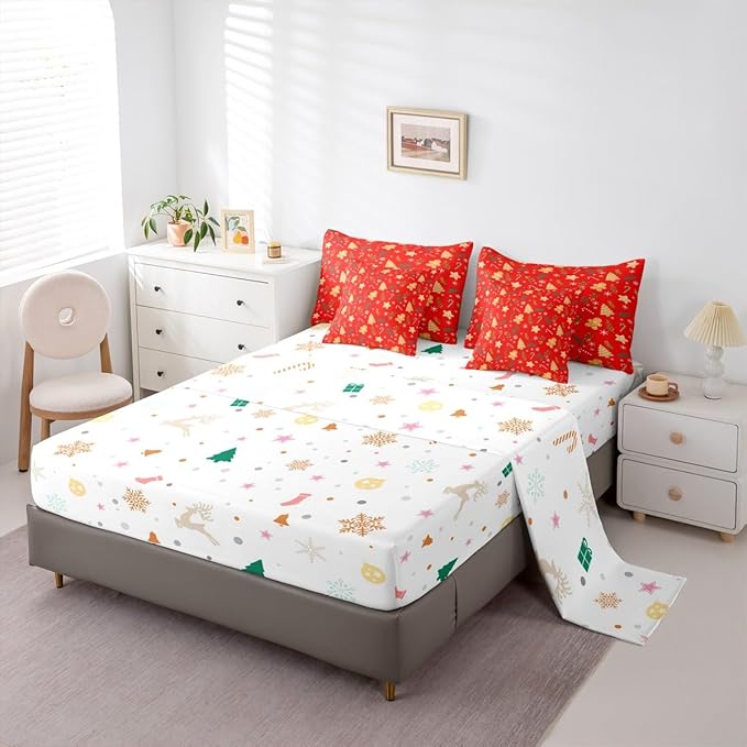 Feelyou Christmas Tree Comforter Set Queen Size 7 Pieces Cute Gingerbread Man Bedding Set for Kids Boys Girls Red Botanical Bed in a Bag Reversible Xmas Decor Bedroom Quilted Breathable Soft