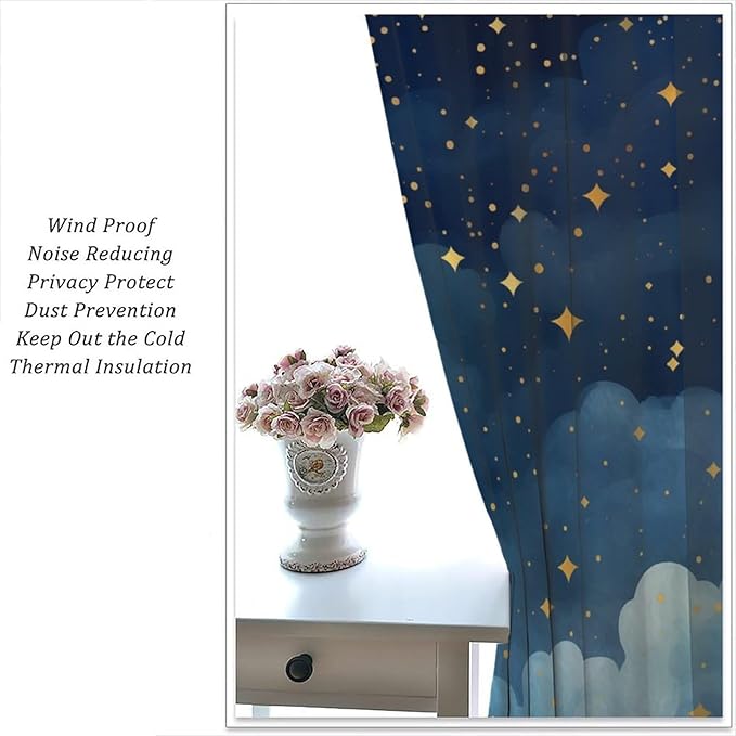 Night Sky Stars Curtain for Kids, Blue Starry Space Galaxy Pattern Window Treatments for Boys Girls Bedroom Toddlers Room Living Room 84" W X 84" L