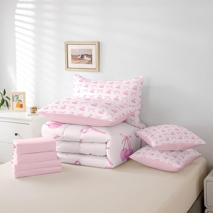 Manfei 7 Pieces Cartoon Bowknot Kids Comforter Set Twin,Pink Bow Tie Butterfly Knot Princess Bedding Set,Cherry Bow Patchwork Romantic（Comforter+Fitted+Flat Sheet+2 Pillowcases+2 Throw Pillow Covers）