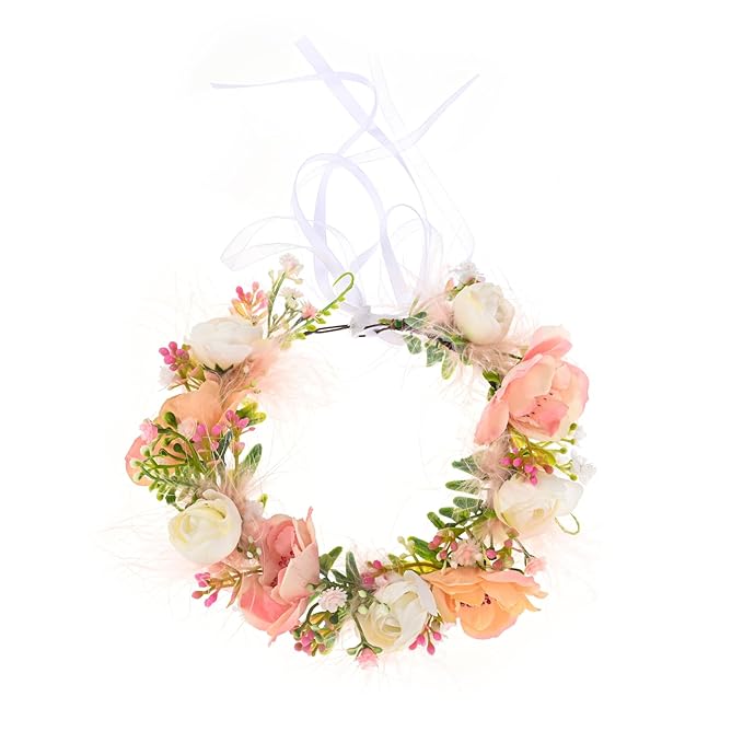 Baby Girls Flower Crown Flower Girl Headpiece boho Little Wreaths for Weddings, Family photography (Champagne White)
