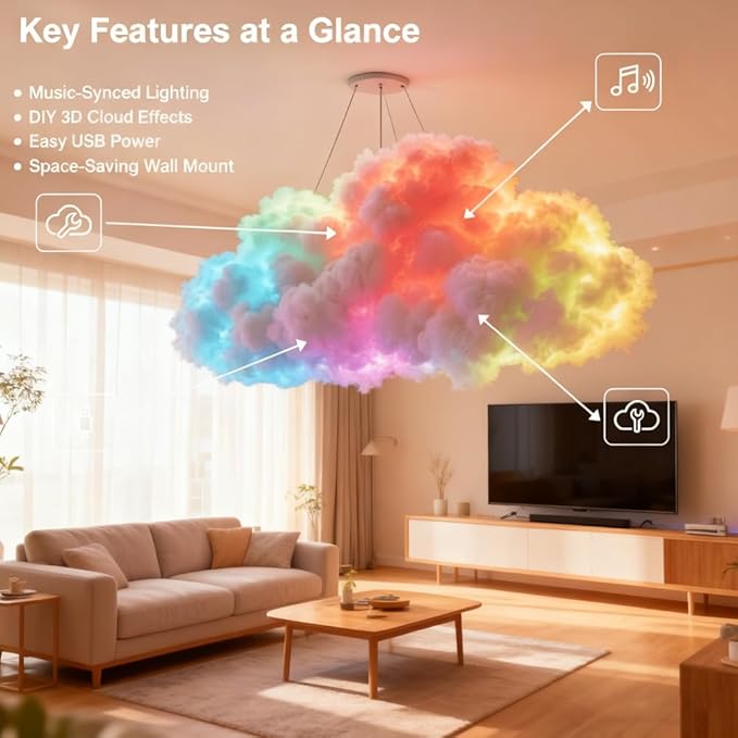 LED Cloud Light with Music Rhythm, 2025 New Cloud Lights for Ceiling,Bedroom,Gaming Room, Music-Sync Dynamic Lighting Effect, Cool Stuff for Boys, For Ceiling Bedroom Office Party (314.9in LED light)