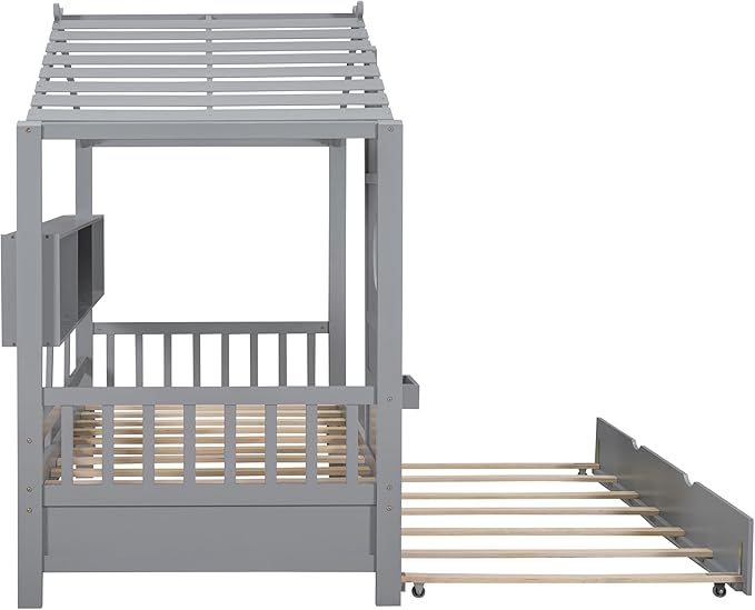Twin Size House Bed with Roof and Window for Kids, Wooden Playhouse Bed with Storage Shelves and Trundle for Bedroom Furniture Girls & Boys (Grey/T1)