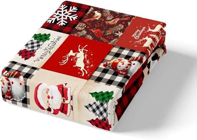 Manfei Christmas Duvet Cover Set King Size, Deer Tree Snowman Santa Claus Print Comforter Cover with 2 Pillowcases, Plaid Grid Print Bedding Set 3pcs for Kids Boys Girls Bedroom Decor,No Comforter