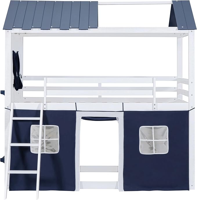 MERITLINE Twin Over Twin Princess Castle Bunk Bed with Tent,Ladders and Guardrail, Solid Wood Playhouse House Floor Bunk Bed with Windows and Roof (Blue & White)