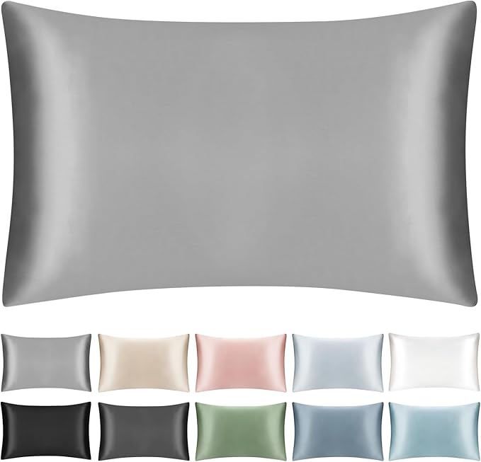 100% Mulberry Silk Zippered Bed Pillowcase for Hair and Skin,Zip Up Real Silk Large Pillow Case,19 Momme Grade 6A,1pc,Silver Grey,Super King Size 20x36 Inches
