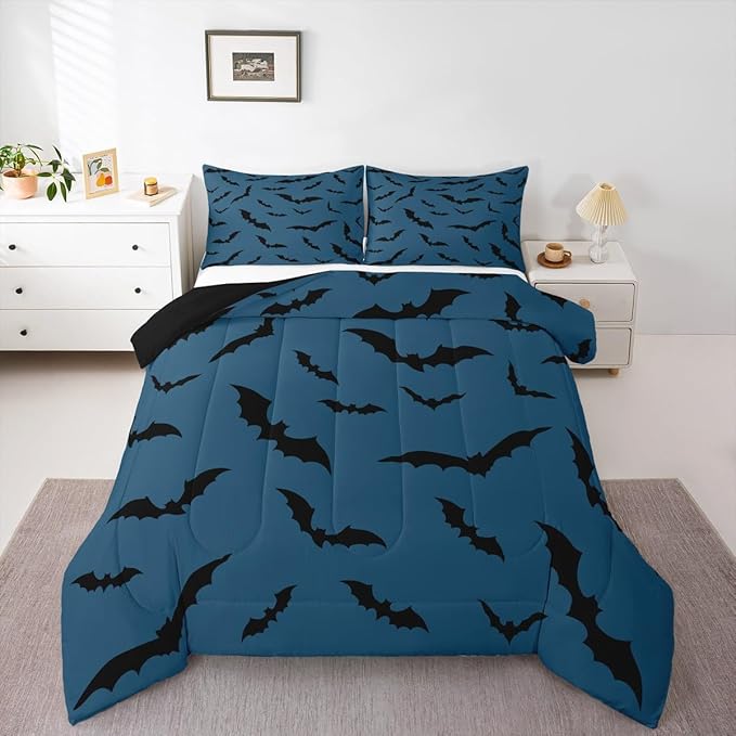 Erosebridal Halloween Bat Comforter Set Gothic Bats Bedding Set Toddler Size,Black Blue Spooky Goth Quilt for Kids Boys Girls Adults Vintage Halloween Decor Down Comforter,Horror Room Decor
