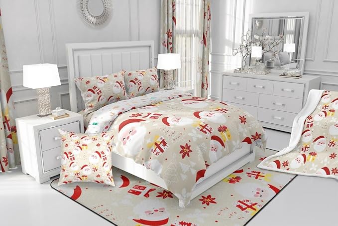 jejeloiu Santa Claus Comforter Set King Size Merry Christmas Bedding Set for Kids Boys Girls Xmas Themed Duvet Quilt Beige Bedroom Decor