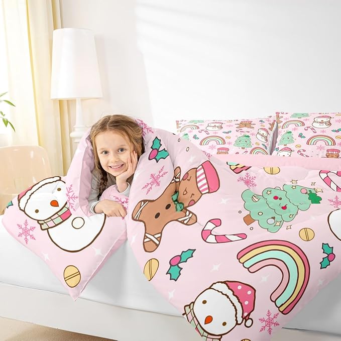 Feelyou Christmas Kids Comforter Set Queen Size Merry Christmas Tree and Snowman Bedding Set Gingerbread Man Duvet Quilt for Kids Boys Girls Bedroom Rainbow Print Decor Snowflake Soft Breathable