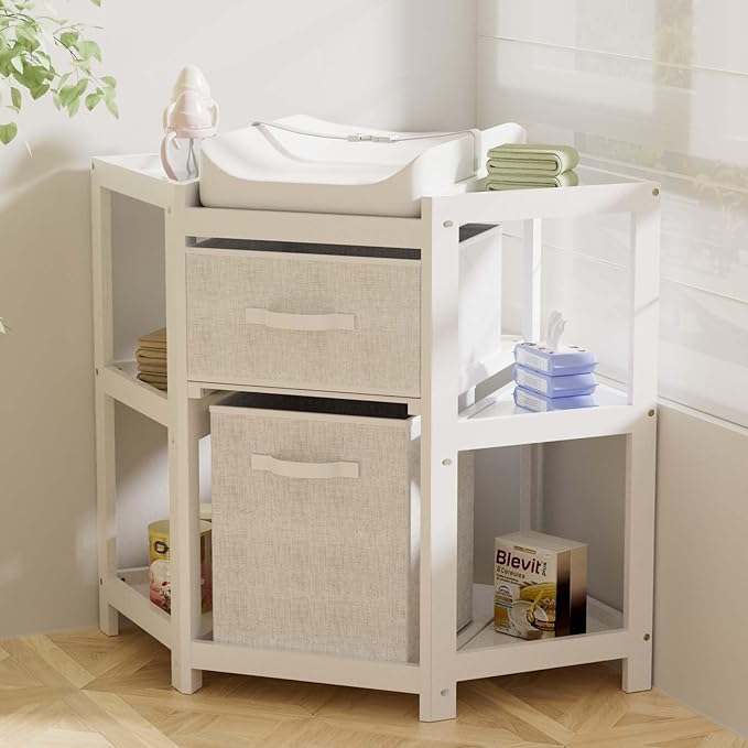 YUFU Baby Corner Changing Table with Storage Drawers, Portable Diaper Changing Station with Baby Changing Pad, Modern Wood Changing Table Dresser for Infants and Toddlers (White)