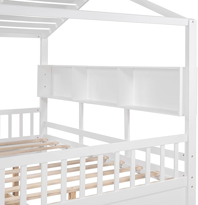 Merax Wood Full House Daybed with Drawers & Storage Shelves,Day Bed for Kids Boys Girls No Box Spring Needed White