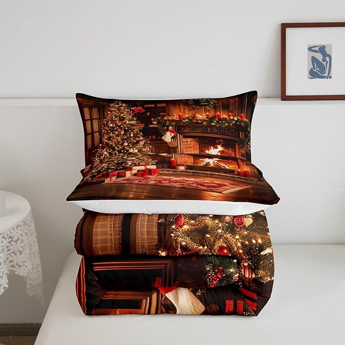 Vintage Xmas Comforter Set - Twin Size, Merry Christmas Tree Bedding Set for Kids, 2Pcs Pine Tree Luxury Duvet Insert, 1 Pillowcase