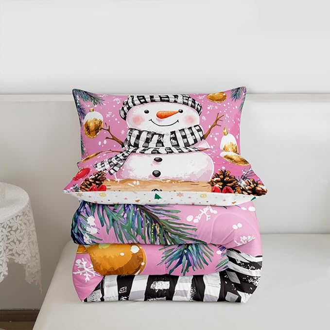 Feelyou Merry Christmas Bedding Set Soft for Boys Girls, Cute Snowman Comforter Set Full Size Snowflake Duvet Quilt Microfiber Winter Bedroom Decor 3 Pcs with 2 Pillow Cases