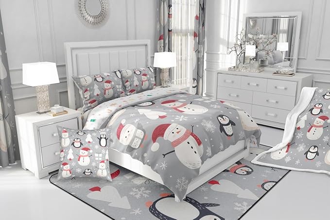Feelyou Christmas Comforter Set Twin Size Snowman Snowflake Bedding Set for Kids Boys Girls Penguin Duvet Quilt New Year Gift Bedroom Decor Microfiber 2 Pcs with 1 Pillow Cases