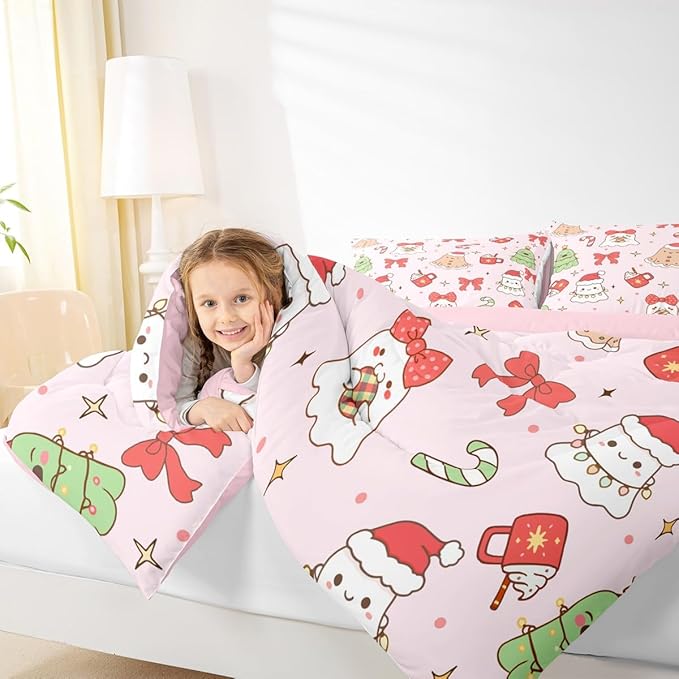 Feelyou Christmas Bedding Set Soft for Boys Girls, Cute Bow Comforter Set Twin Size Cute Ghost Duvet Quilt Microfiber Coquette Bow Knot Bedroom Decor Candy Print 2 Pcs with 1 Pillow Cases