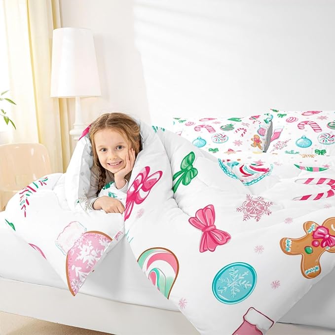 Feelyou Candy Cane Comforter Set King Size Christmas Ornament Bedding Set for Kids Boys Girls Snowflake Duvet Quilt Festive Bow Bedroom Decor Christmas Stocking Microfiber 3 Pcs with 2 Pillow Cases