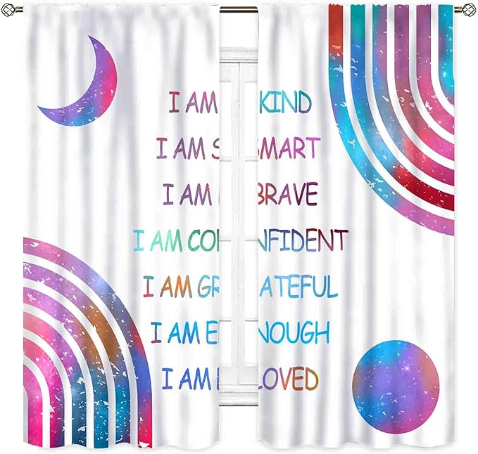 Rainbow Curtains for Girls Bedroom, Boho Rianbow Quotes Inspirational Motivational Positive Colorful Galaxy Pink Purple Window Drapery for Baby Kids Living Room Nursery Classroom, 42"x54" Inch