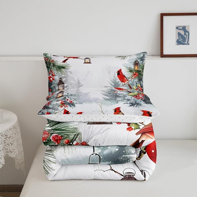 jejeloiu Kids Red Cardinal Comforter Set Queen Size Christmas Theme Bedding Set for Boys Girls Teens Xmas Birds Winter Country Woodland Animal Duvet Quilt Room Decor