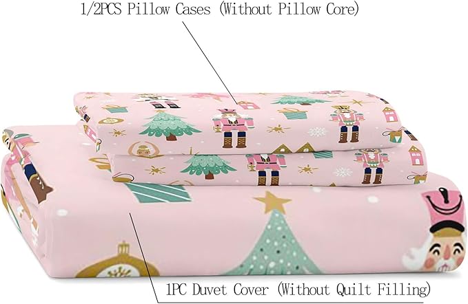 LUVIVIHOME 2PCS Christmas Nutcracker Duvet Cover Twin Bedding Sets, Light Pink Duvet Cover, Teen Girl Bedding, Christmas Tree Snowflake Winter Holiday Xmas Gifts Kids Comforter Cover, 1 Pillow Sham