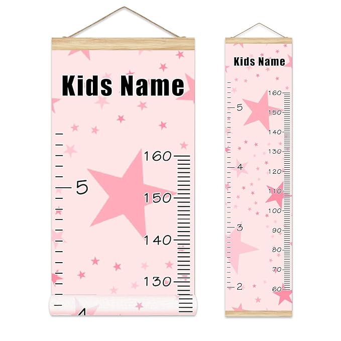 Personalized Kids Name Growth Chart Ruler for Wall Wood Frame Height Measure Chart 13.4x56 in Linen Hanging Height Growth Chart Pink Stars Kids Room Decor