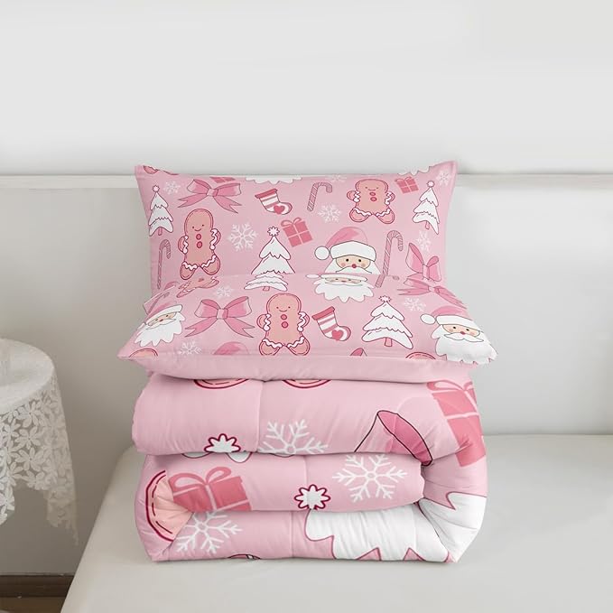 Feelyou Pink Christmas Bedding Set Soft for Boys Girls, Santa Claus Comforter Set Queen Size Gingerbread Man Duvet Quilt Microfiber Bow Candy Cane Bedroom Decor 3 Pcs with 2 Pillow Cases