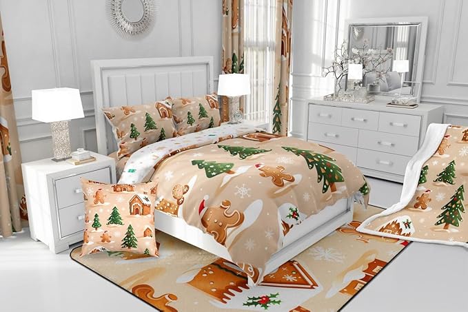 Feelyou Christmas Bedding Set Soft for Boys Girls, Gingerbread Man Comforter Set Twin Size Snowflake Duvet Quilt Microfiber Xmas Tree Bedroom Decor 2 Pcs with 1 Pillow Cases