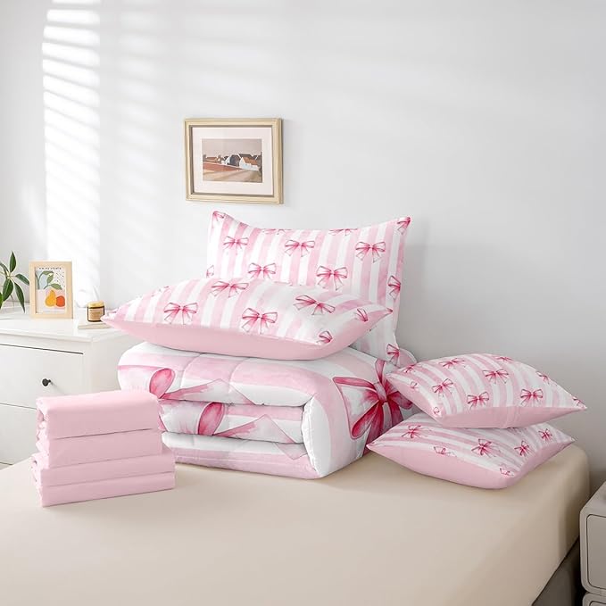 7 Pieces Pink Bowknot Kids Comforter Twin,Bow Tie Geometric Stripe Bedding Set,Butterfly Knot Princess Style Fashion Pink Romantic（Comforter+Fitted+Flat Sheet+2 Pillowcases+2 Throw Pillow Covers）