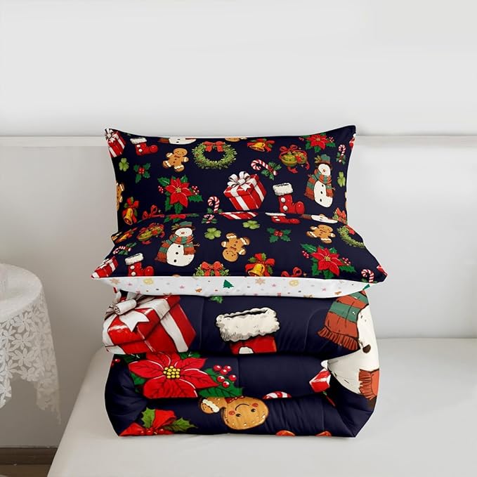 jejeloiu Merry Christmas Comforter Set King Size Cute Snowman Bedding Set for Kids Boys Girls Gingerbread Man Duvet Quilt Dark Blue Bedroom Decor