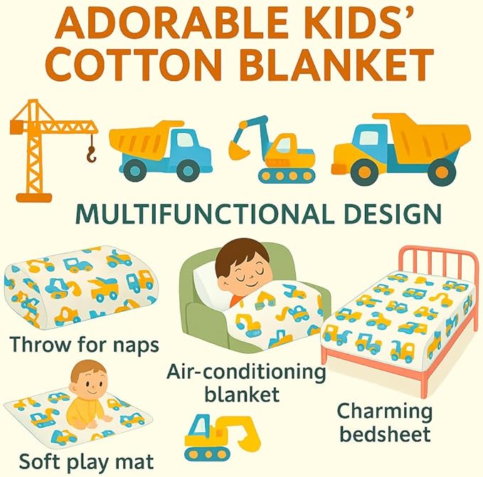 Kids Throw Blanket – Soft Cotton Toddler Blanket with Construction Vehicles Puzzle Pattern, Lightweight Breathable Bed Throw with Stitched Edges, 40 x 60 in (101.6 x 152.4 cm)