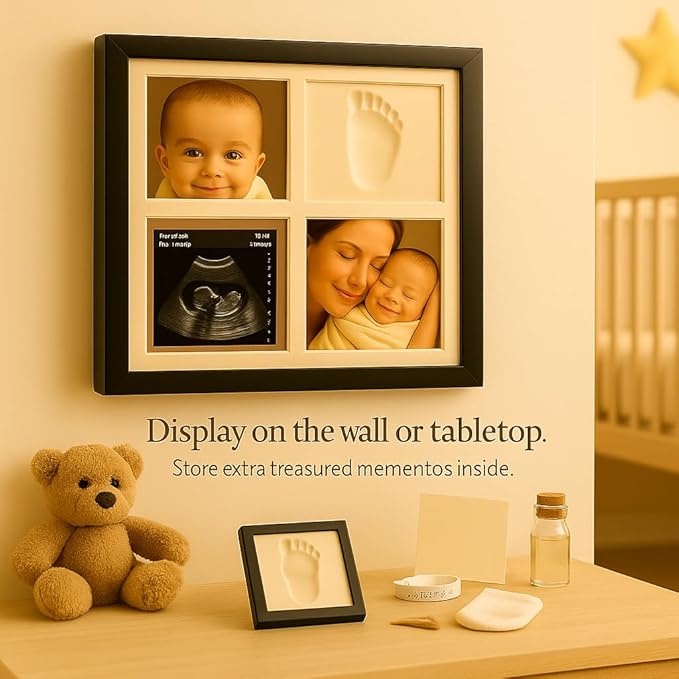 Baby Handprint or Footprint Kit – 4-Grid Clay Keepsake Frame with Baby Photo Display – Newborn Nursery Gift for New Moms, Baby Shower & First Memories