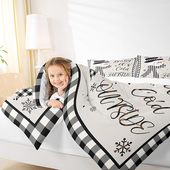 Kids Christmas Snowman Comforter Set Twin Size,Snowflake Winter Bedding,Girls Boys Adults Bedroom/Xmas Cabin Decor,Geometric Grids Lattice Down Comforter,Rustic Vintage Duvet Insert,1 Pillowcase