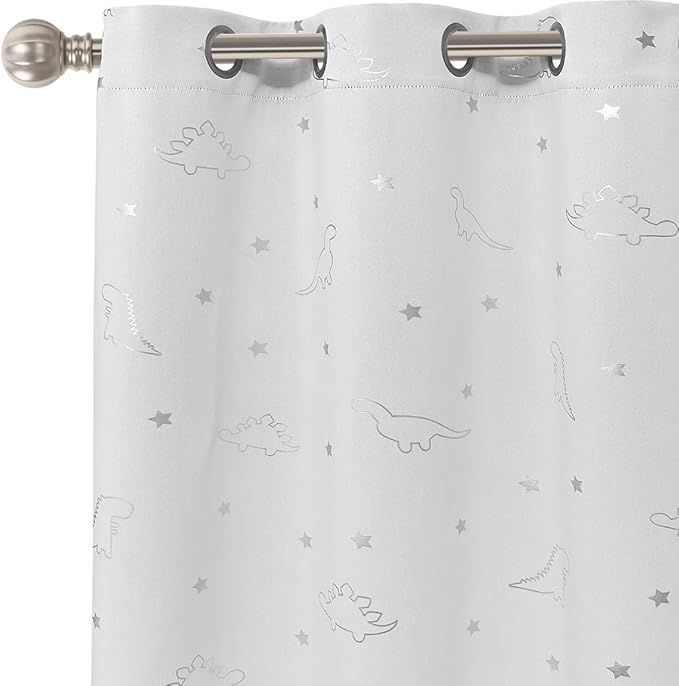 LORDTEX Dinosaur and Star Foil Print Blackout Curtains for Kids Room - Thermal Insulated Curtains Noise Reducing Window Drapes for Boys and Girls Bedroom, 42 x 84 Inch, White, Set of 2 Panels