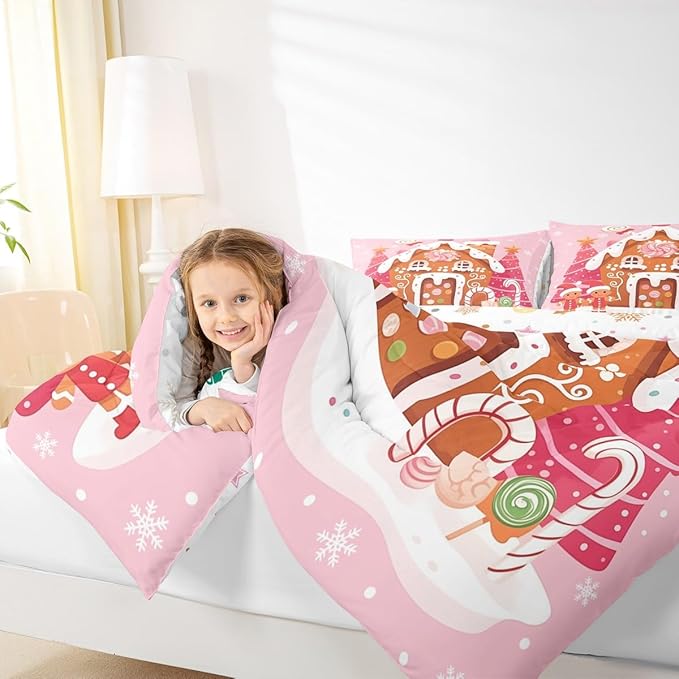 jejeloiu Kids Christmas Theme Comforter Set Toddler Cute Gingerbread Man Bedding Set for Boys Girls Teens Pink Xmas Tree Candy House Winter Snowflake New Year Duvet Quilt Room Decor