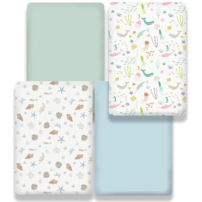 Bimocosy Mini Crib Sheets,Pack and Play Sheets for Baby Girl Boy 4 Pack,Size 38"x 26" for Playard Mattress,Portable Mini Crib,Soft Pack N Play Sheets Fitted,Ocean World/Shell/Blue/Green