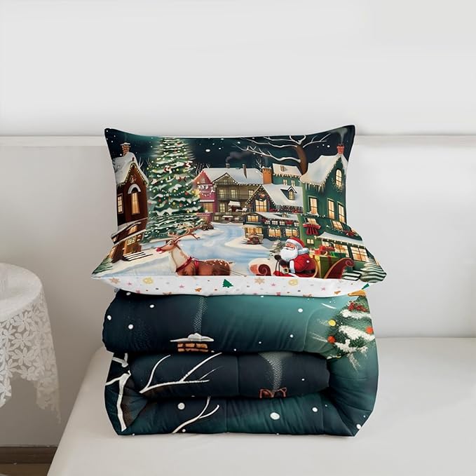 Feelyou Christmas Kids Comforter Set Queen Size Santa Claus Bedding Set Reindeer Sled Duvet Quilt for Kids Boys Girls Bedroom Xmas Tree Decor Microfiber Ultra Soft Breathable
