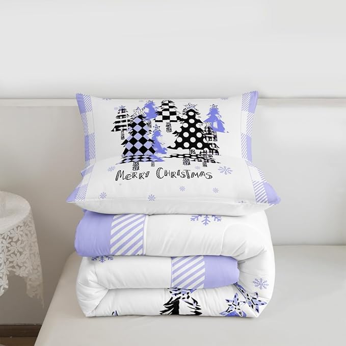 Manfei Xmas Trees Comforter Set King Size, Blue Plaid Grid Snowflake Bedding Set 3pcs for Kids Girls Boys Adults Room Decor, Christmas Theme Down Comforter New Year Quilt Set with 2 Pillowcases