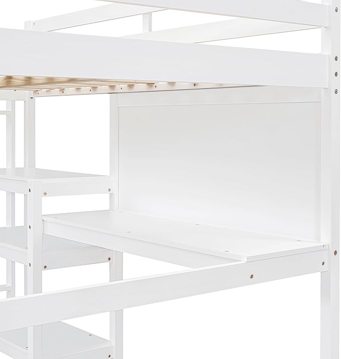 Bellemave Full Loft Bed with Desk and Writing Board,Loft Bed for Kids, Boys, Girls,Wooden Loft Be Frame with Desk and Ladder, White