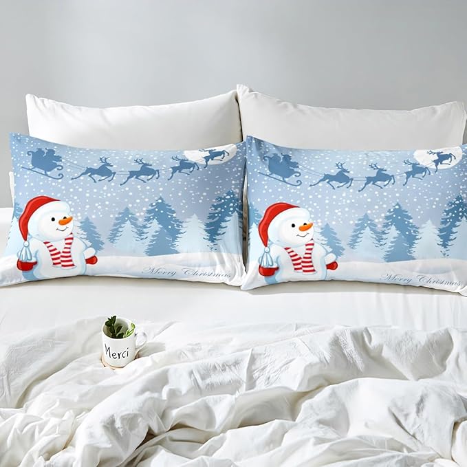 Manfei Snowman Duvet Cover Set Twin Size, Xmas Deer Trees Print Comforter Cover with 1 Pillowcase, Winter Snowflake Merry Christmas Bedding Set 2pcs for Kids Boys Girls Bedroom Decor,No Comforter