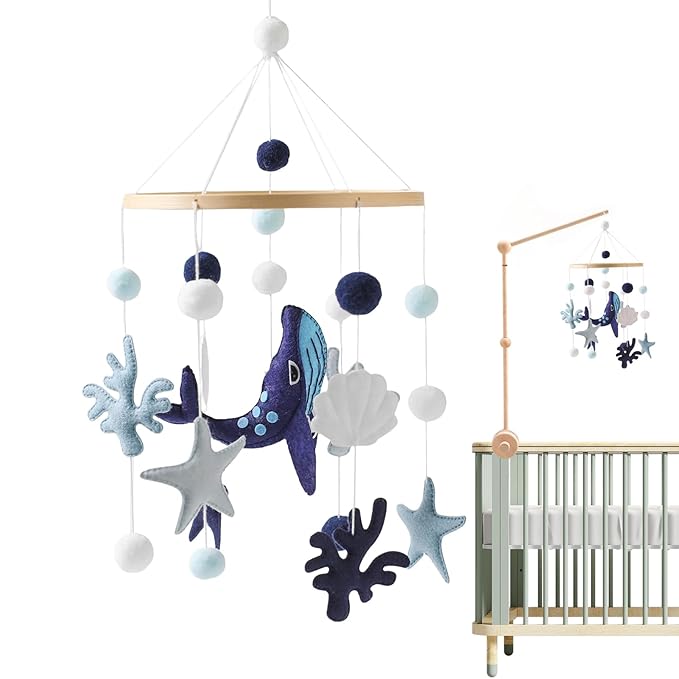 Baby Crib Mobile - 160g Animal Nursery Decor, Musical Lullaby Hanging Toys | Whale, Mermaid Sea Theme | Developmental Travel Toy Toddler Bedroom Gift Boys Girls Multiple Uses