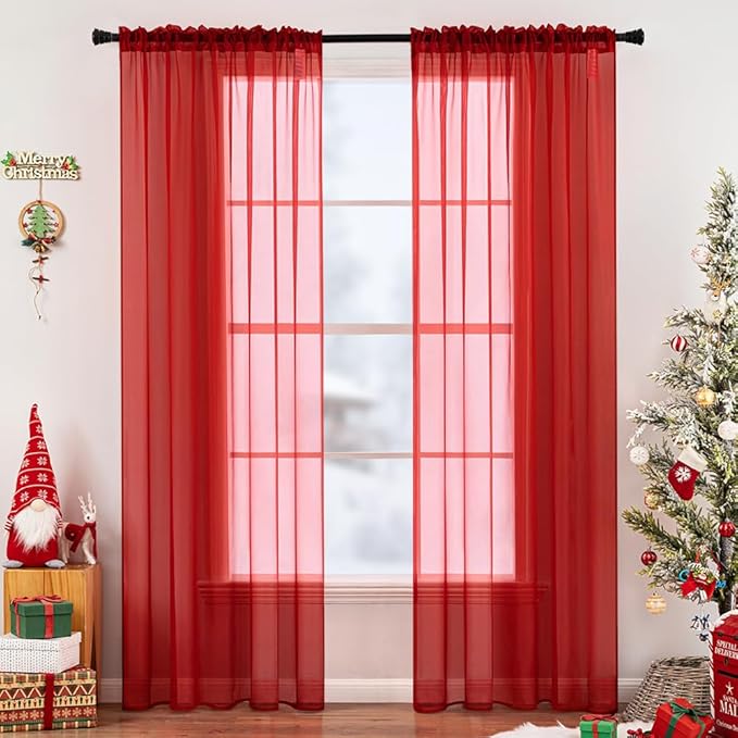 MIULEE 2 Panels Red Solid Color Sheer Christmas Window Curtains Elegant Window Voile Panels/Drapes/Treatment for Bedroom Living Room (54X108 Inches)