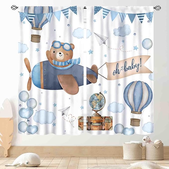 Cartoon Bear Curtains, Kids Boys Girls Cute Lovely Bear Adventure Airplane Cloud Pastel Blue Window Drapery Treatments for Baby Living Room Bedroom Nursey Toddler Classroom 2 Panels, 42"x54" Inch