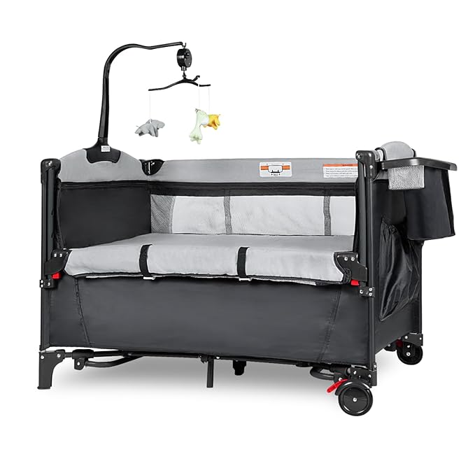 5-in-1 Pack and Play, Baby Bassinet Bedside Sleeper with U-Shaped Diaper Changer, Portable Toddler Playard for Newborn Toddlers, Baby Crib with 4 Adjustable Height, Carry Bag,Easy to Install (Black)