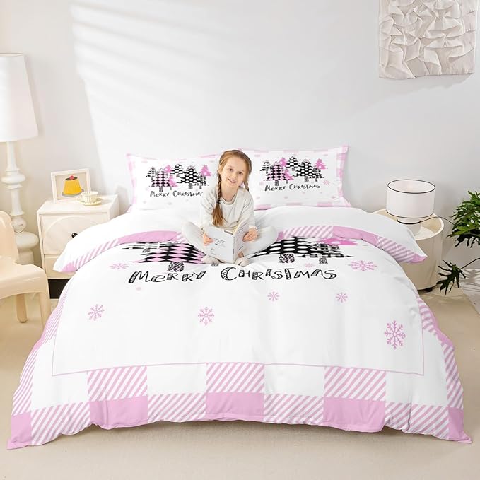 Manfei Xmas Trees Duvet Cover Set Twin Size, Pink Plaid Grid Snowflake Comforter Cover with 1 Pillowcase, Christmas Theme Bedding Set for Kids Girls Room Decor New Year Bedspread Cover, No Comforter
