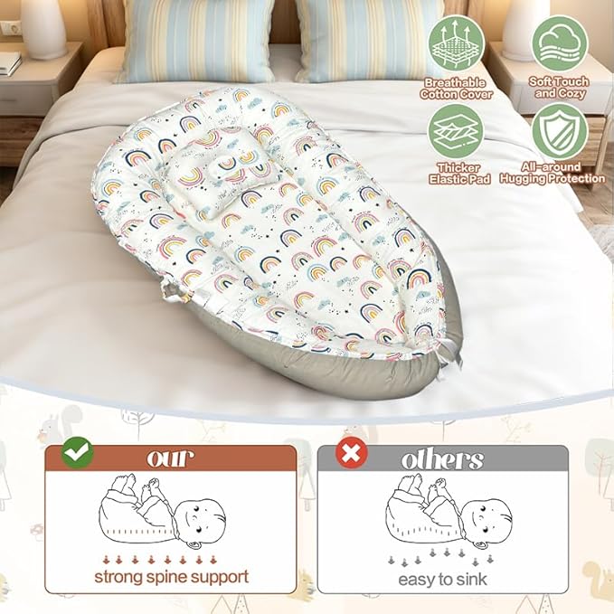 JIFTOK Baby Nests Lounger for Newborn, Snuggle Bassinet for 0-24M, Breathable Portable Co Bed, Baby Essentials Adjustable Infant Soft Cotton Loungers for Home & Travel -Rainbow
