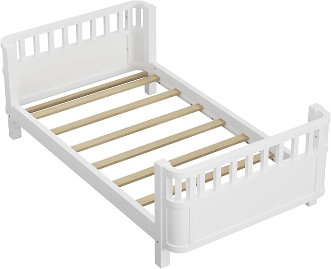 Twin Kids Floor Bed Frame with Rails, Wood Low Montessori Platform Bed with Slats Support, Modern Daybed with Detachable Side Rails, Kids Beds for Boys Girls Bedroom, White