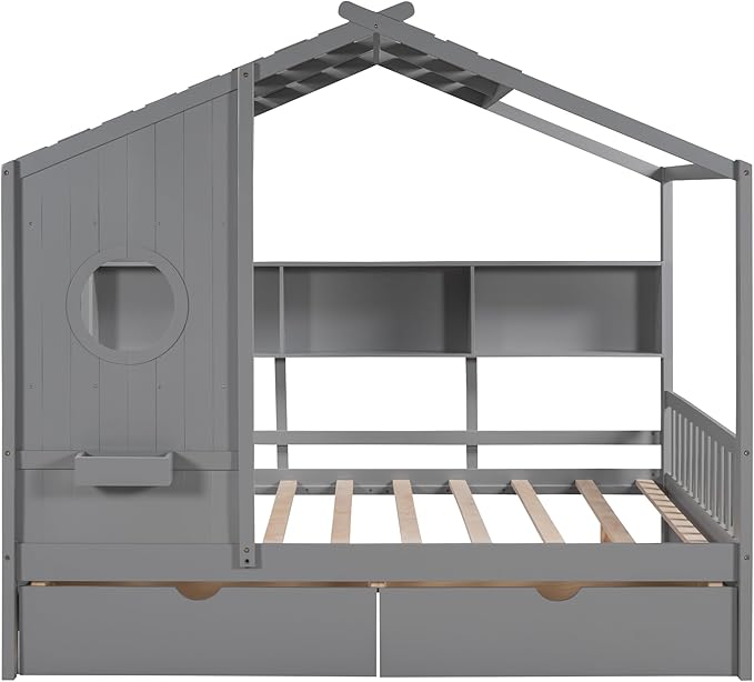 Harper & Bright Designs Full Size Modern House Bed with Roof, Wooden Twin Size House Bed with 2 Drawers and Storage Shelf, White